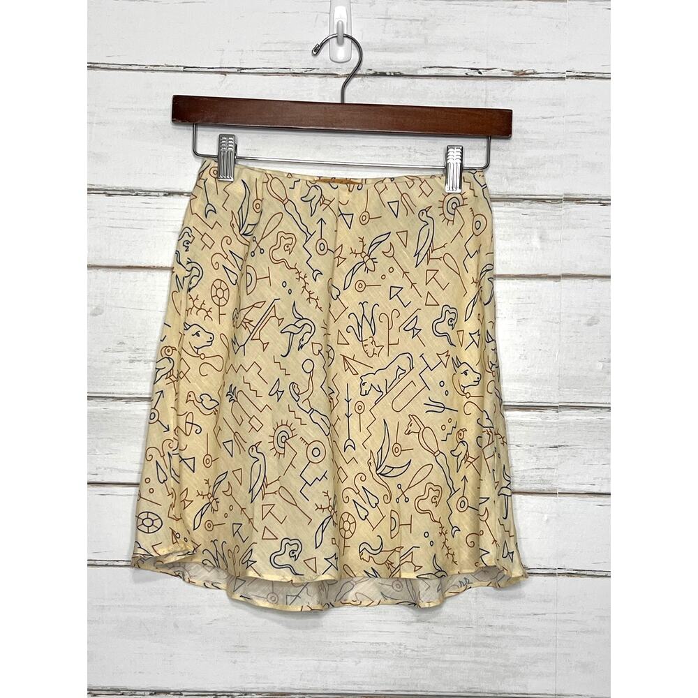 VRG GRL Novelty Print Linen A-Line Skirt Size 8 Cream Abstract Animal